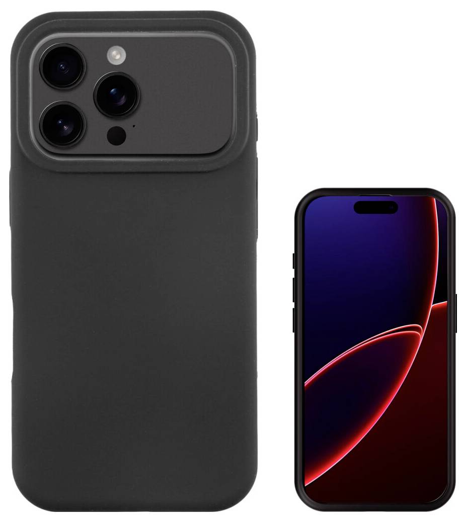 Černý kryt na iPhone zobrazený vedle iPhonu, zdůrazňující zvýšený výřez trojité kamery a přiléhání displeje.