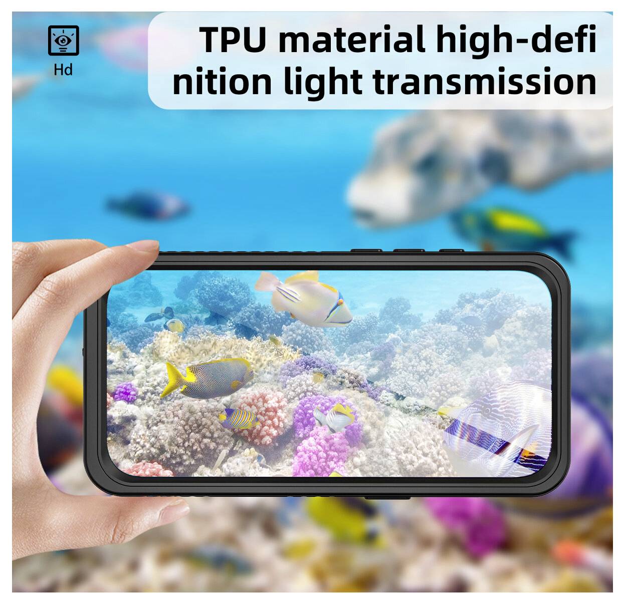 Ruka držící smartphone s jasnou scénou podmořského korálovce; text říká "TPU materiál vysoce kvalitní přenos světla" a "HD".