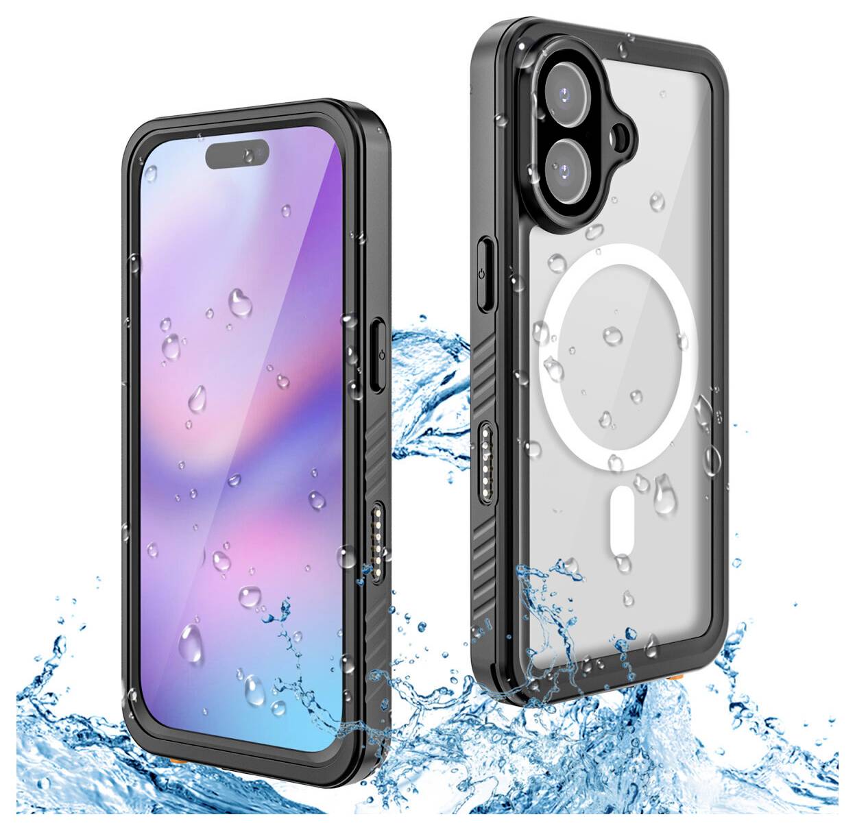 Dva pohledy na vodotěsný kryt chytrého telefonu s průhledným zádím a černým nárazníkem, zobrazené stříkající ve vodě pro zvýraznění ochrany.