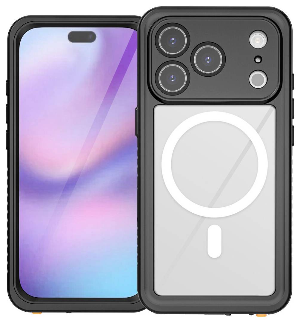 Dva pohledy na smartphone v černém ochranném pouzdru: přední displej s dynamickým ostrovem a zadní strana zobrazující trojitou sadu objektivů fotoaparátu a kruh MagSafe.