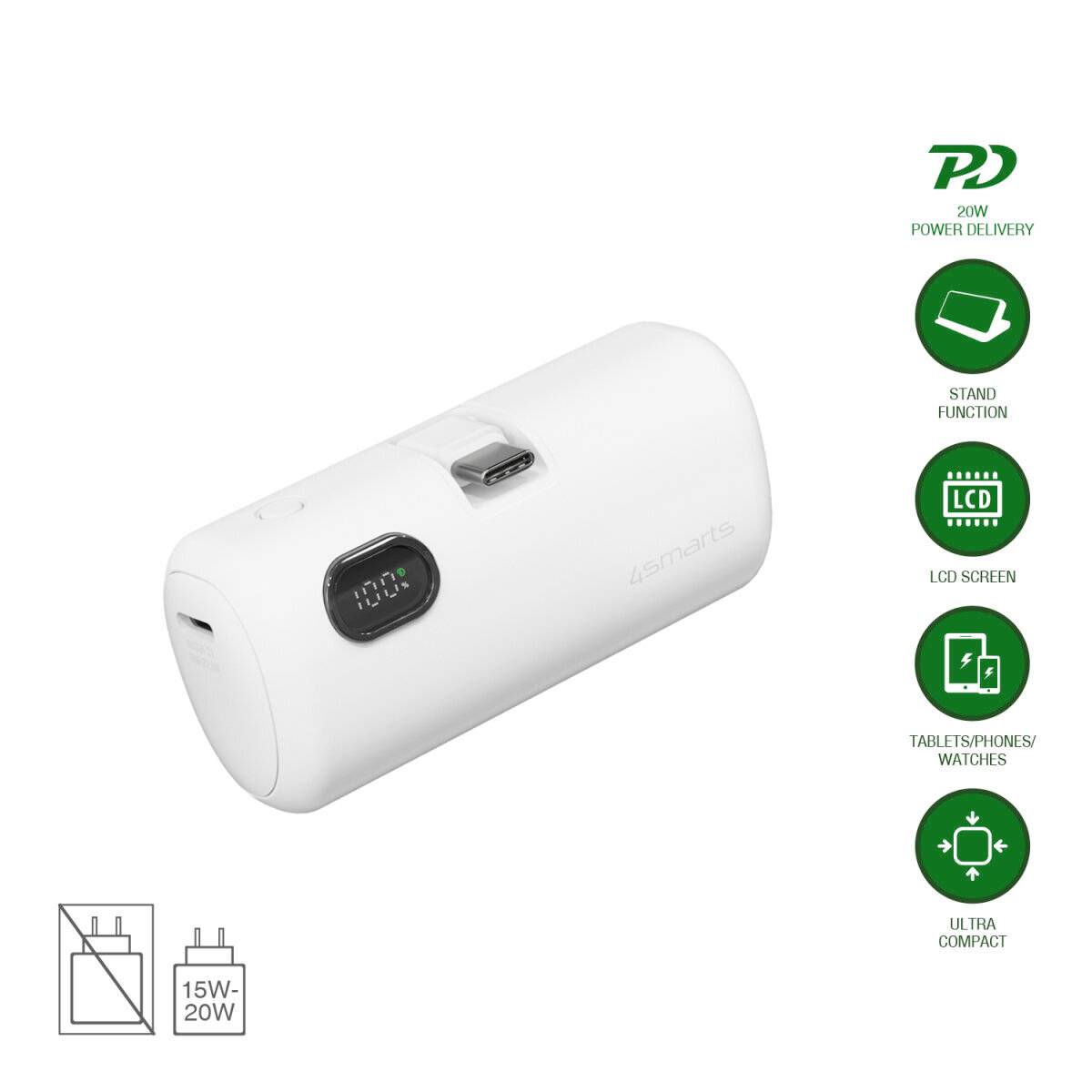 Bílá kompaktní powerbank zobrazená se LED displejem a funkcí stojanu; boční ikony zdůrazňují dodávku výkonu 20W, LCD displej a kompatibilitu nabíjení zařízení.