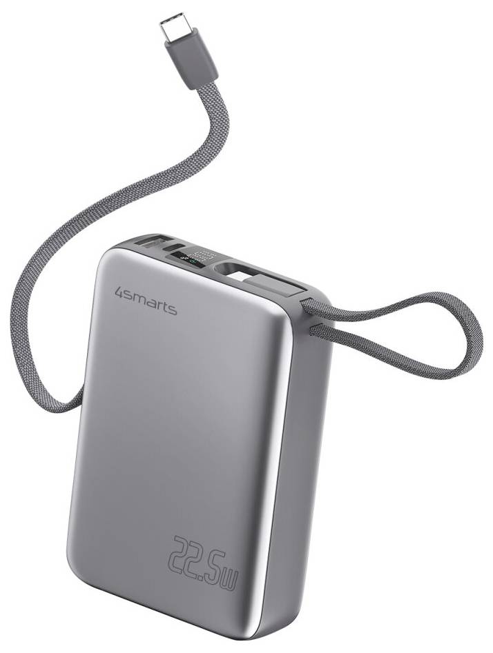 Šedá přenosná powerbanka 4smarts s vestavěným kabelem a konektorem USB-C, zobrazená na bílém pozadí.