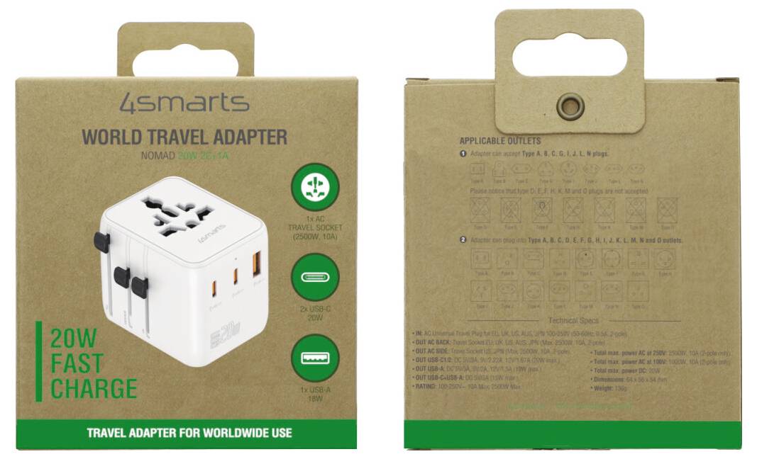Balení adaptéru 4Smarts World Travel Adapter zobrazené z přední a zadní strany s bílým univerzálním zásuvkovým adaptérem a nápisem „20W FAST CHARGE" na přední straně.