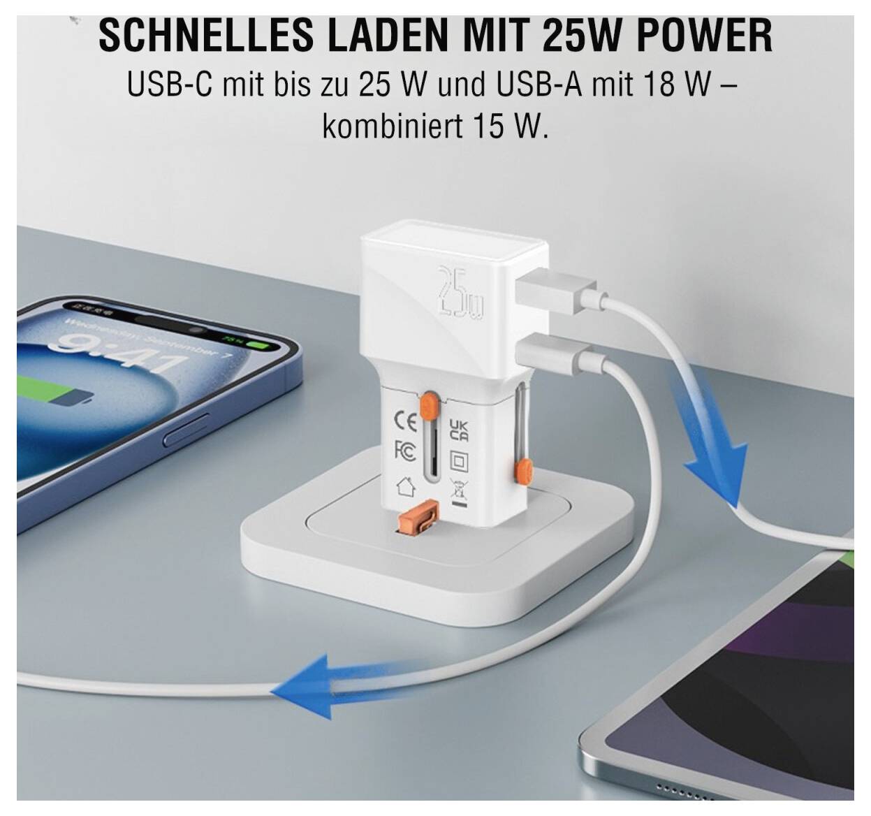 Obrázek reklamy ukazující 25W adaptér napájení nabíjející dva zařízení najednou; text říká "RYCHLÉ NABÍJENÍ S 25W POWER" a "USB-C s až 25 W a USB-A s 18 W – kombinovaně 15 W."