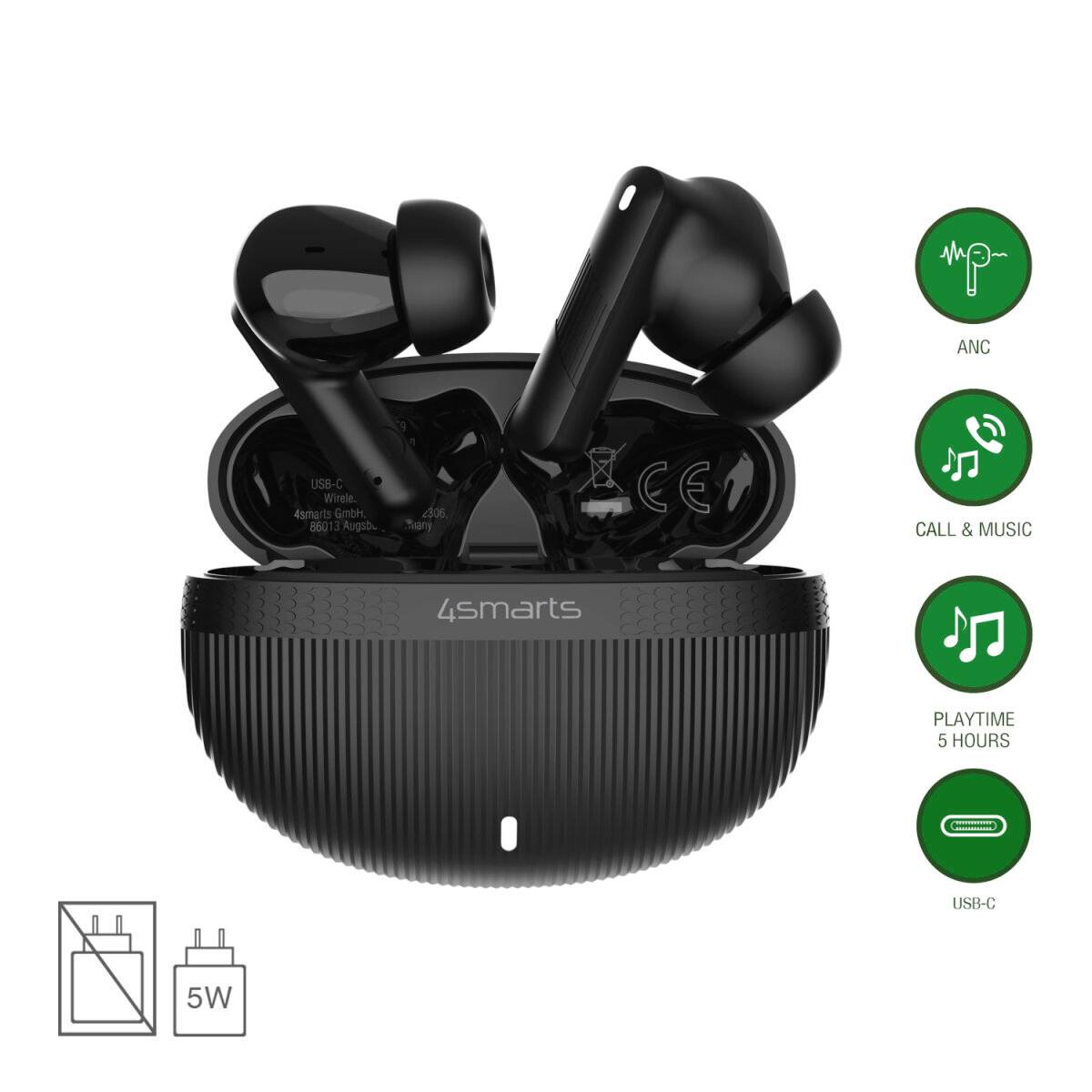 Černá bezdrátová sluchátka 4smarts v nabíjecím pouzdře s ikony pro ANC, telefonní hovory a hudbu, doba přehrávání 5 hodin a nabíjení přes USB-C.