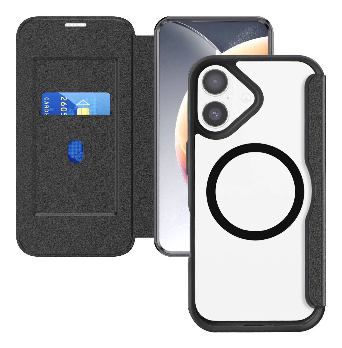 Černé pouzdro na telefon v přehybném designu s pouzdrem na karty a magnetickým uzavíráním, zobrazené otevřené se chytrým telefonem; bílo-černé pouzdro stylu MagSafe na přední straně.