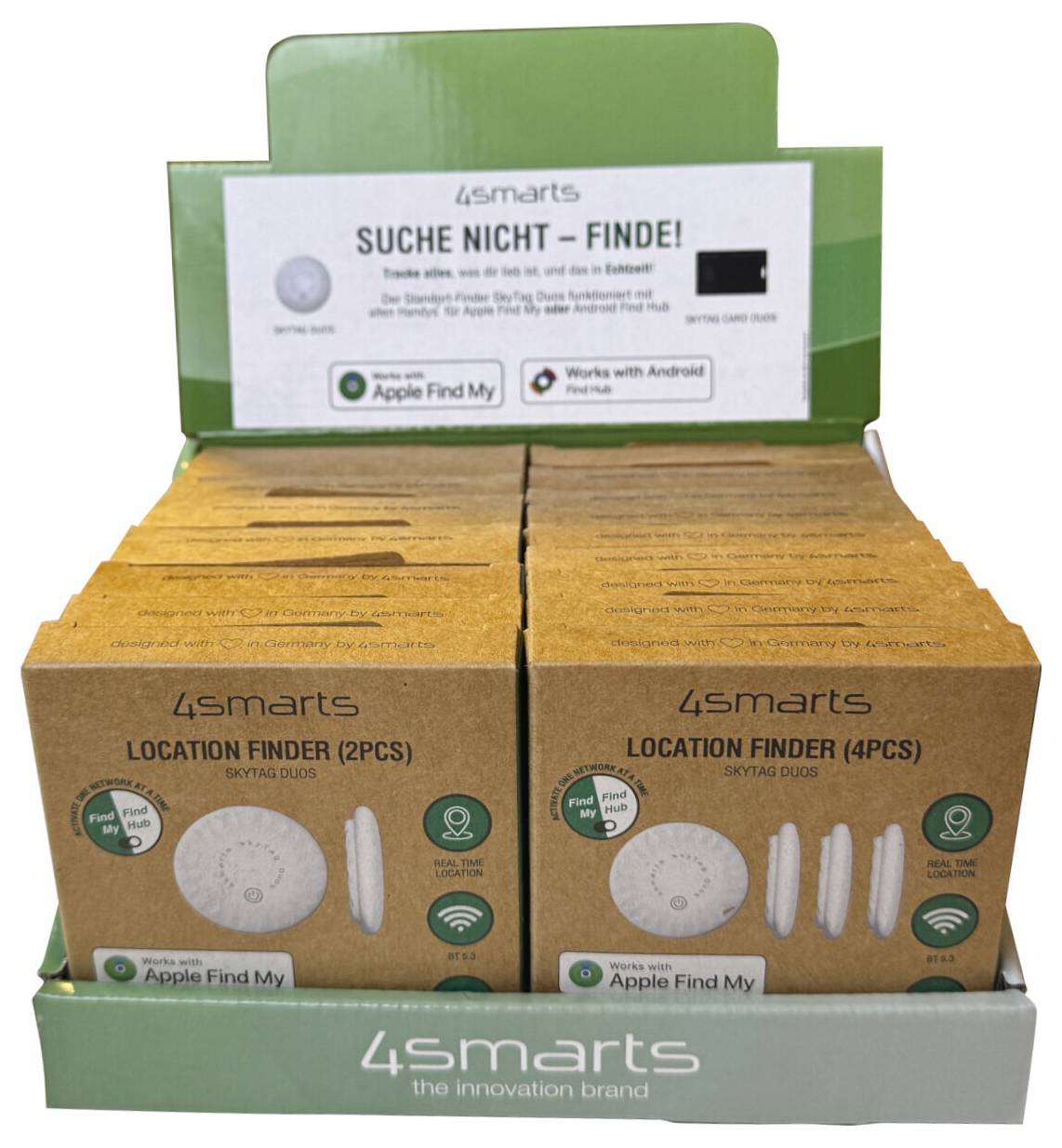 Zobrazit krabici s vyhledávači polohy 4smarts, označenou pro Apple Find My a Android, zobrazující balení 2-pack a 4-pack.