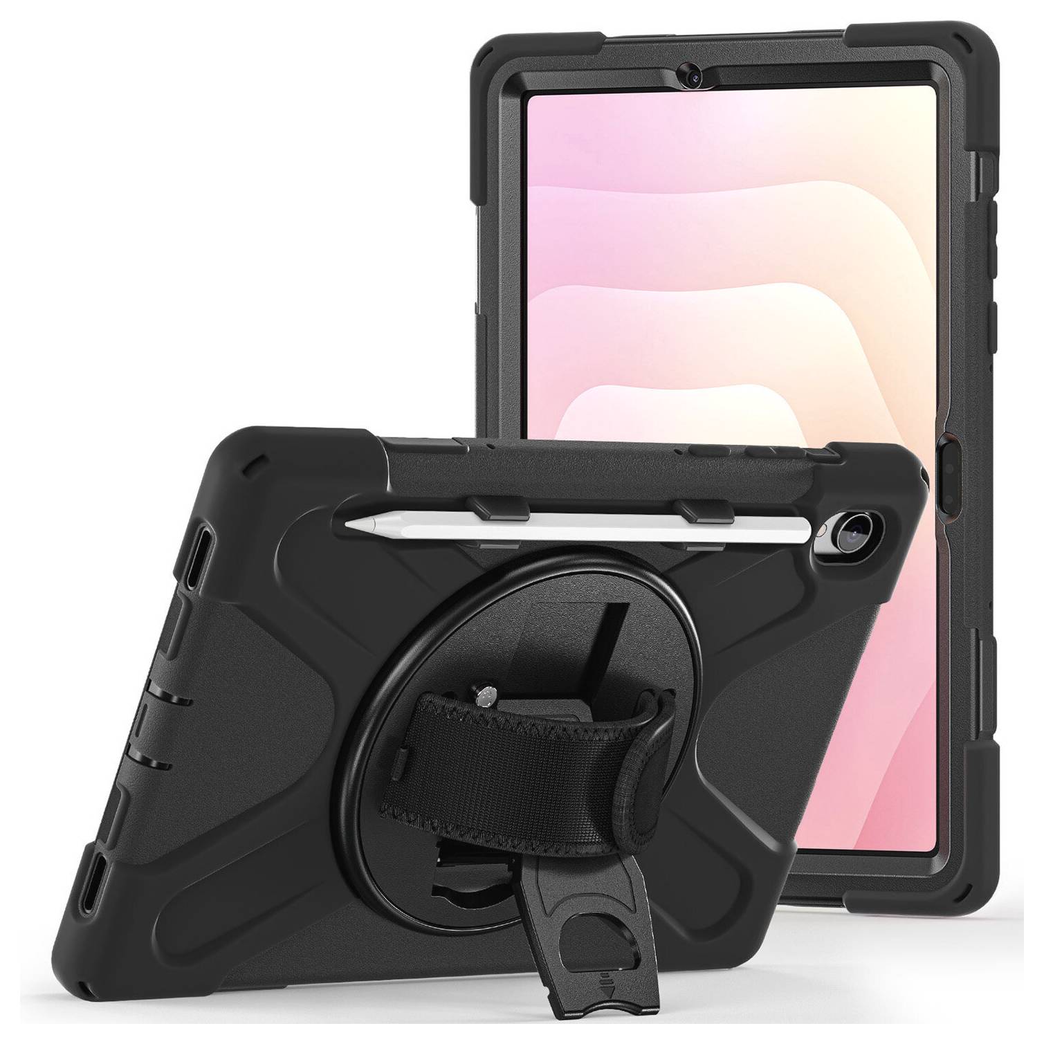Dva černé odolné pouzdra na tablet, jedno postavené svisle a jedno s páskou na ruku a stojánkem, se styleem připevněným nahoře.