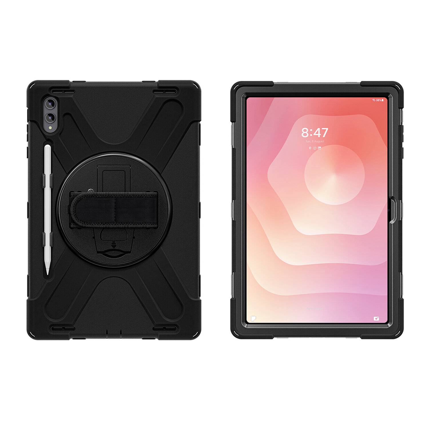 Černý odolný pouzdro na tablet s vestavěným popruhem na ruku a držákem na stylus, znázorněno zepředu a zezadu s viditelnou obrazovkou iPadu.