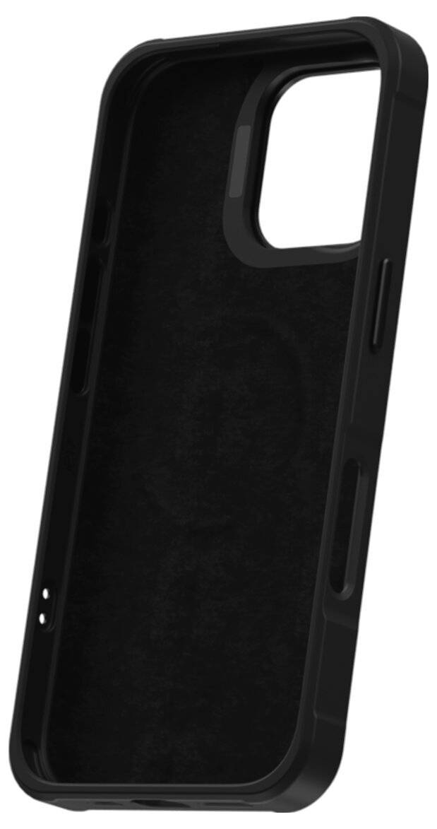 Černý ochranný kryt smartphonu s vycutým otvorem pro kameru a postranními otvory pro tlačítka, zobrazený na bílém pozadí.