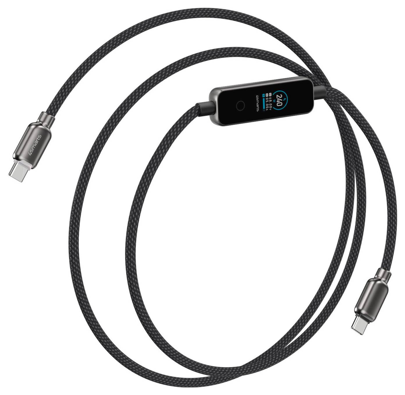 Černý pletený kabel USB-C pro nabíjení s vestavěným digitálním displejem a kovovými konektory na bílém pozadí.