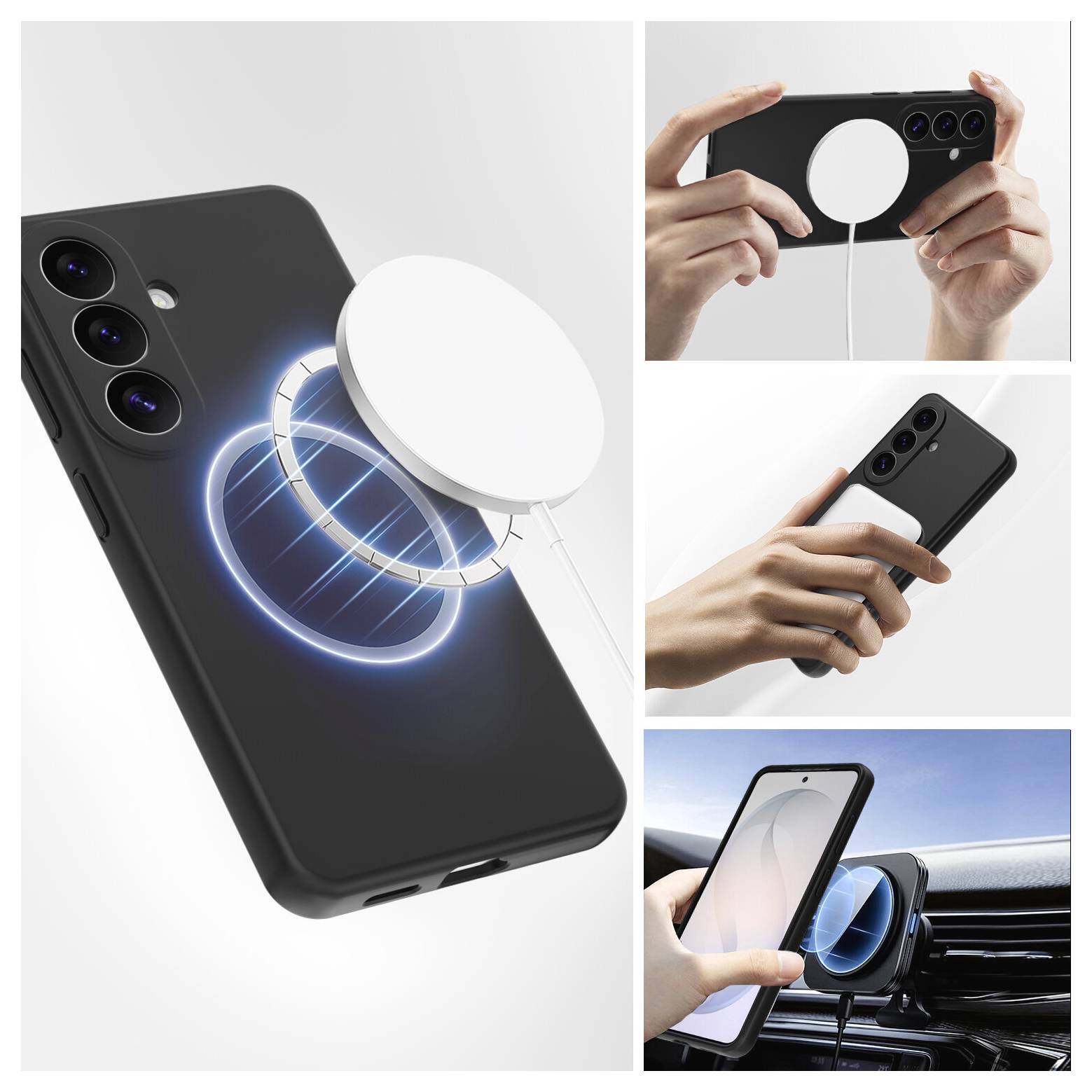 Magnetický kroužek na telefon na chytrý telefon pro snadné držení a bezrucké upevnění, zobrazeno připevněné a používané v automobilu a v ruce.