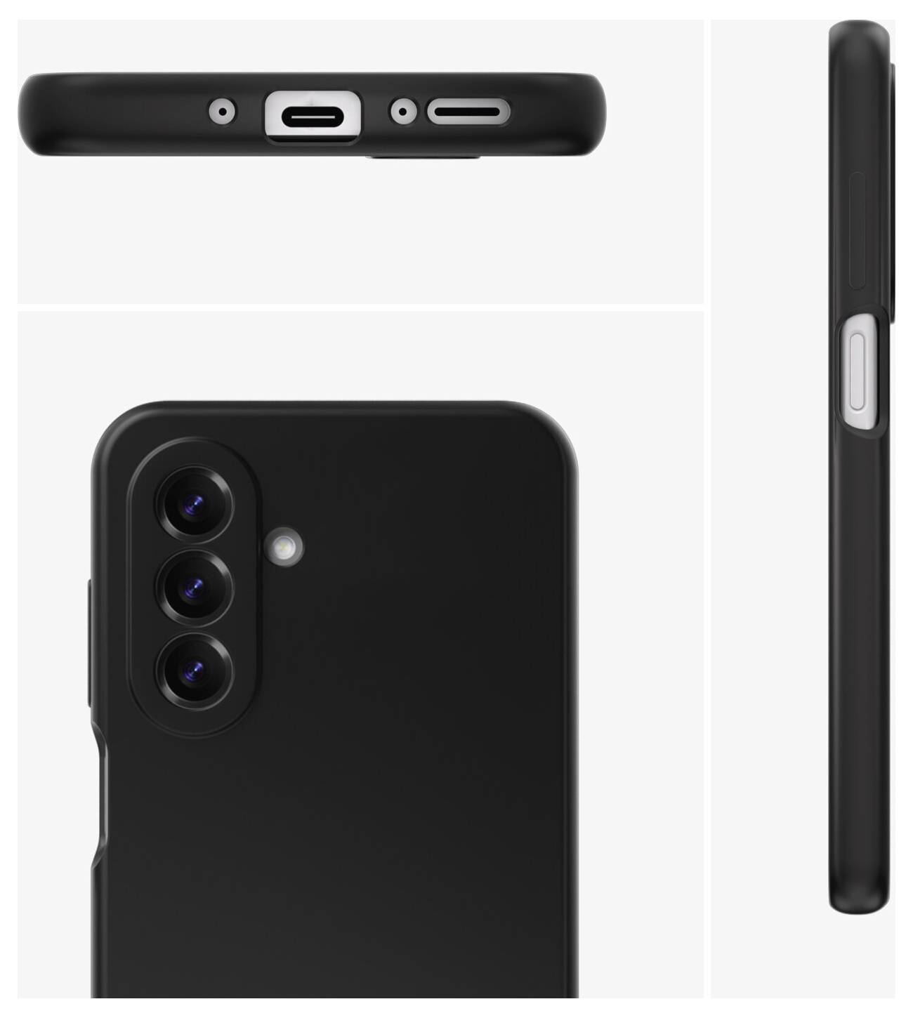 Černý smartphone zobrazený zezadu, shora a ze strany, se zvýrazněním trojité zadní kamery, blesku a výřezů portu pro nabíjení na ochranném obalu.