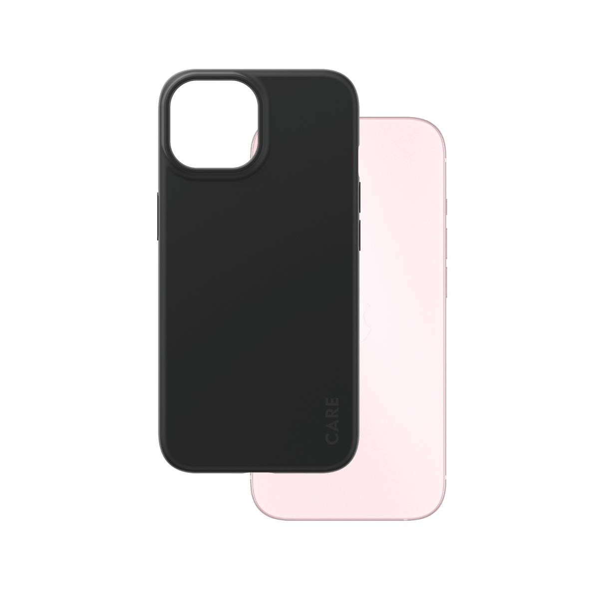 Černý kryt smartphonu zobrazený před průsvitným růžovým pouzdrem, oba s velkými výřezy pro fotoaparát.
