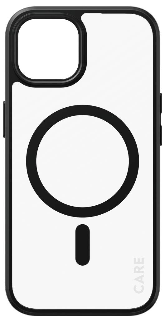 Bílé pouzdro na smartphone s velkým černým kruhových terčem a malou svislou čárkou pod ním, plus čtvercový výřez pro fotoaparát v levém horním rohu.