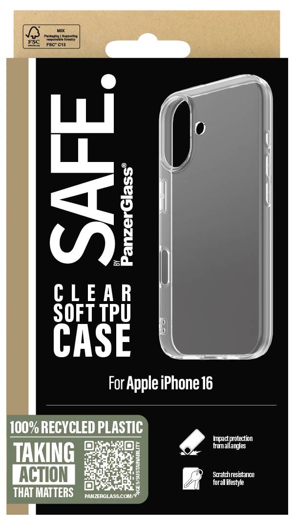 Balení pro pouzdro PanzerGlass SAFE v čiré barvě z měkkého TPU materiálu pro Apple iPhone 16, které zobrazuje transparentní pouzdro, tvrzení o 100% recyklovaném plastu a ikony ochrany před nárazy a škrábanci.