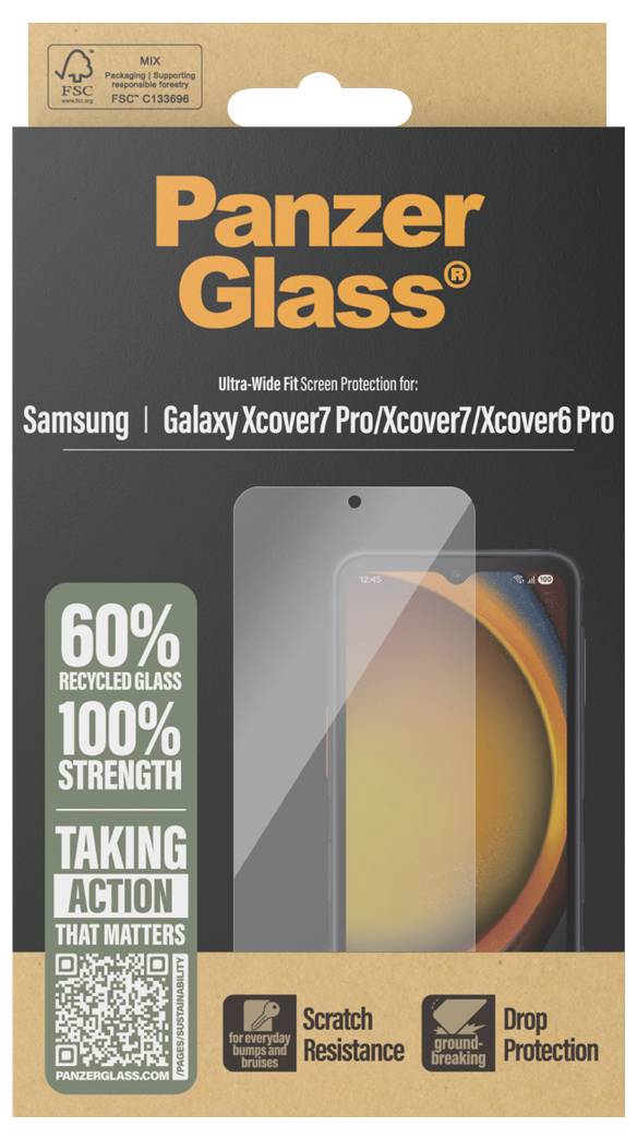 Obal na ochranné sklo Panzer Glass pro Samsung Galaxy Xcover7 Pro/Xcover7/Xcover6 Pro se zvýrazněním 60% recyklovaného skla, 100% pevnosti, odolnosti proti poškrábání a ochraně před pádem.