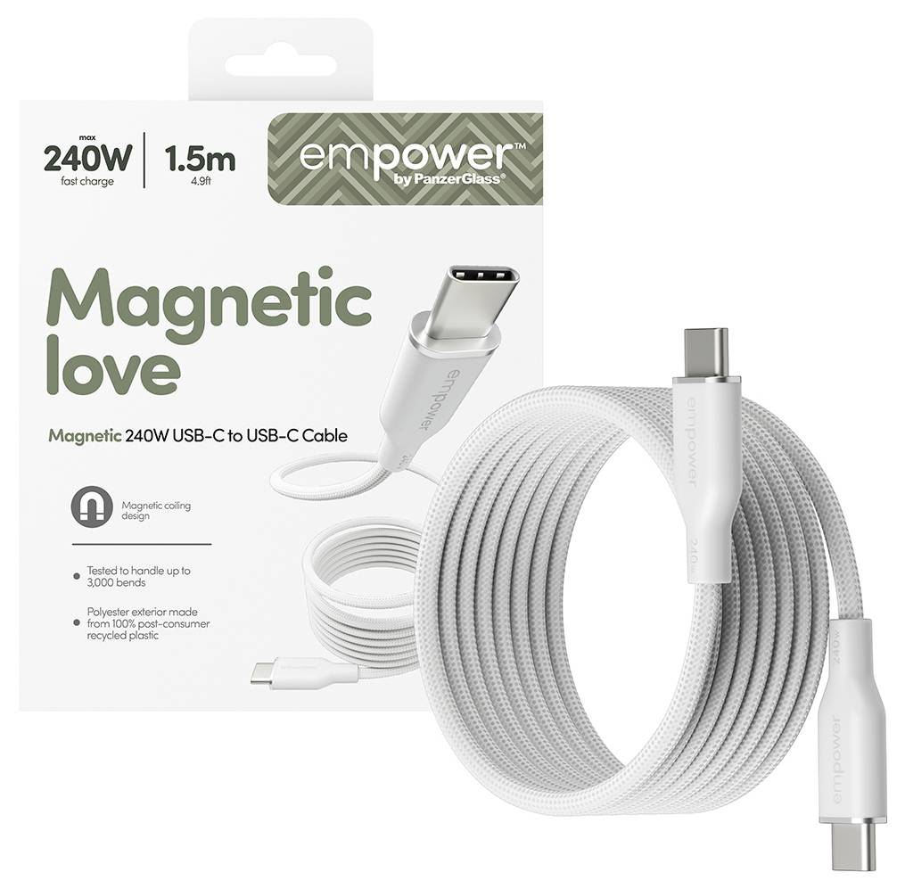 Balení pro Empower od PanzerGlass 1,5 m magnetický 240W USB-C na USB-C kabel, zobrazující navinutý bílý kabel a konektory USB-C.