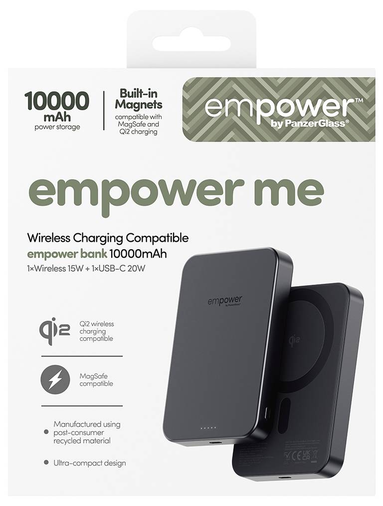 Balení produktu pro bezdrátovou powerbankuCapacity 10000 mAh „Empower Me" s podporou MagSafe a Qi2, zobrazující dva černé nabíjecí zařízení.