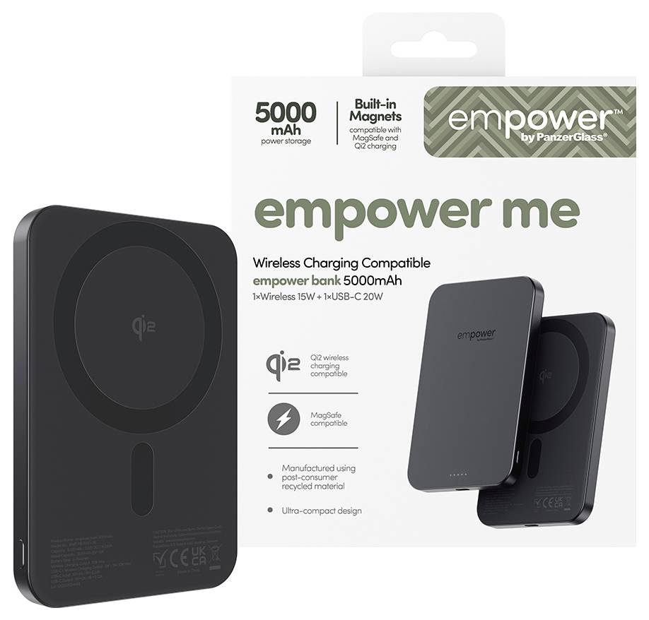 Balení pro bezdrátové nabíjecí powerbanky Empower Me 5000mAh s MagSafe kompatibilitou, zobrazující černou nabíječku a funkce produktu.