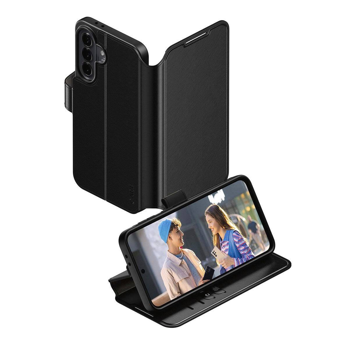 Černý folio obal na telefon s vestavěným stojanem, zobrazující chytrý telefon v krajinové orientaci pro bezruké prohlížení a ochranný přední kryt.