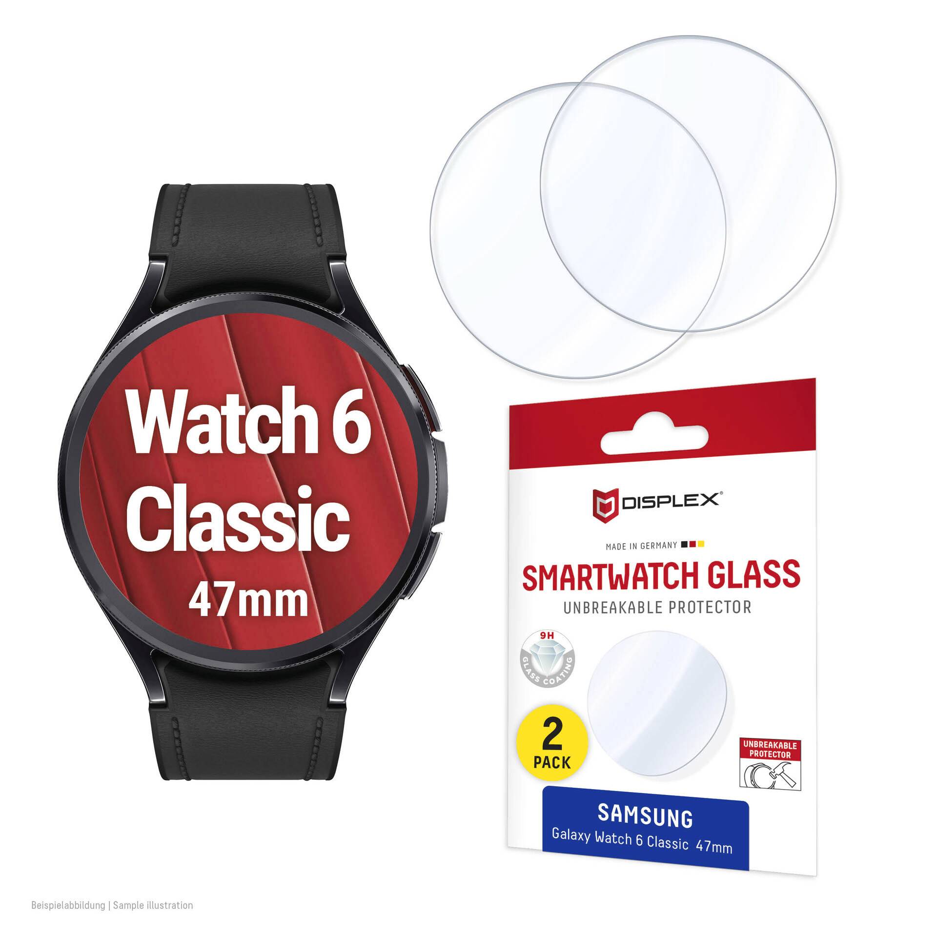 Samsung Galaxy Watch 6 Classic 47mm se dvěma průhlednými ochranými fóliemi na displej a maloobchodním balením označeným "Smartwatch Glass" a "2pack".