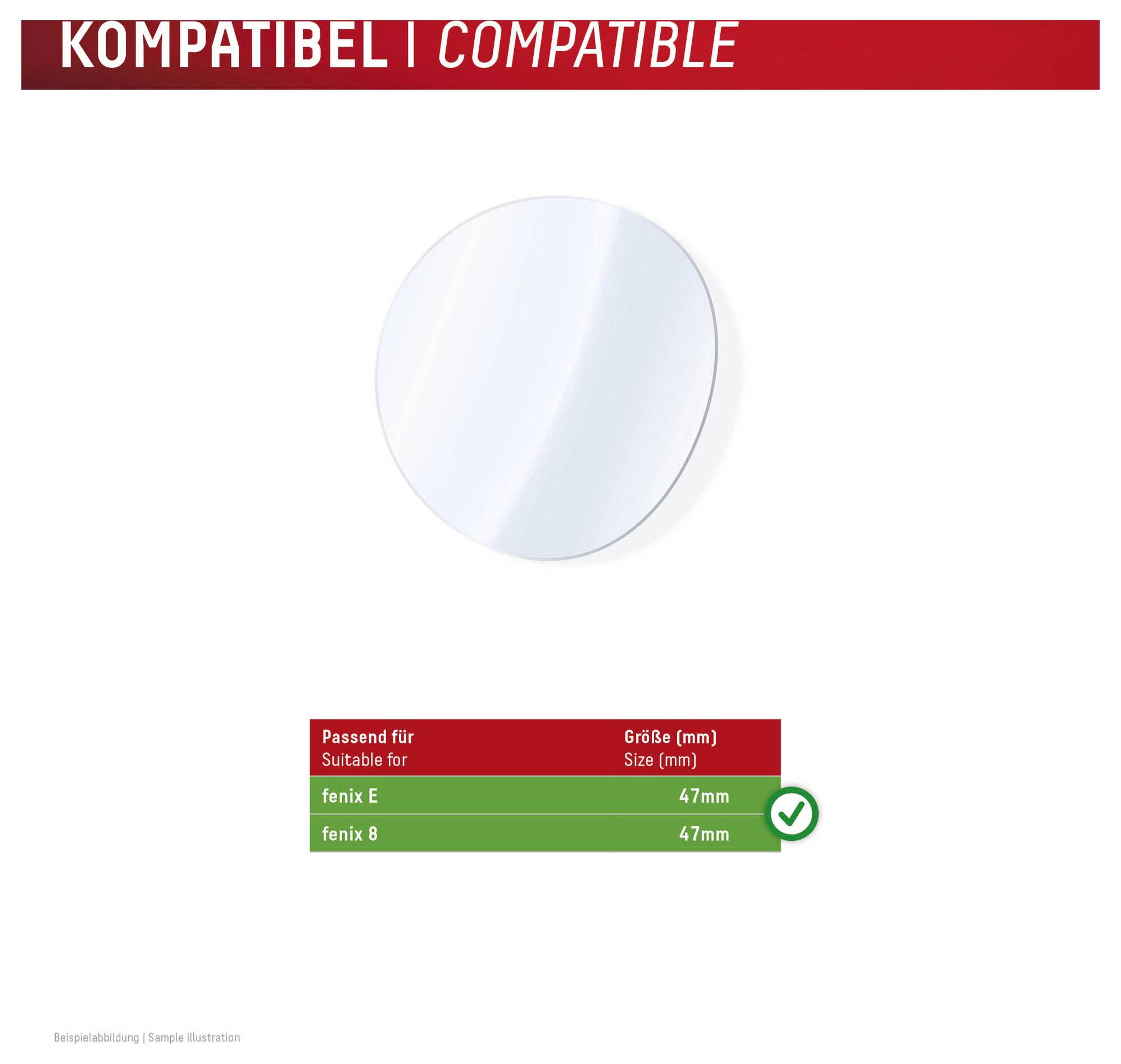 Tabulka kompatibilních velikostí zobrazující příslušenství o průměru 47 mm pro fenix E a fenix 8, označená zaškrtnutím indikujícím kompatibilitu.
