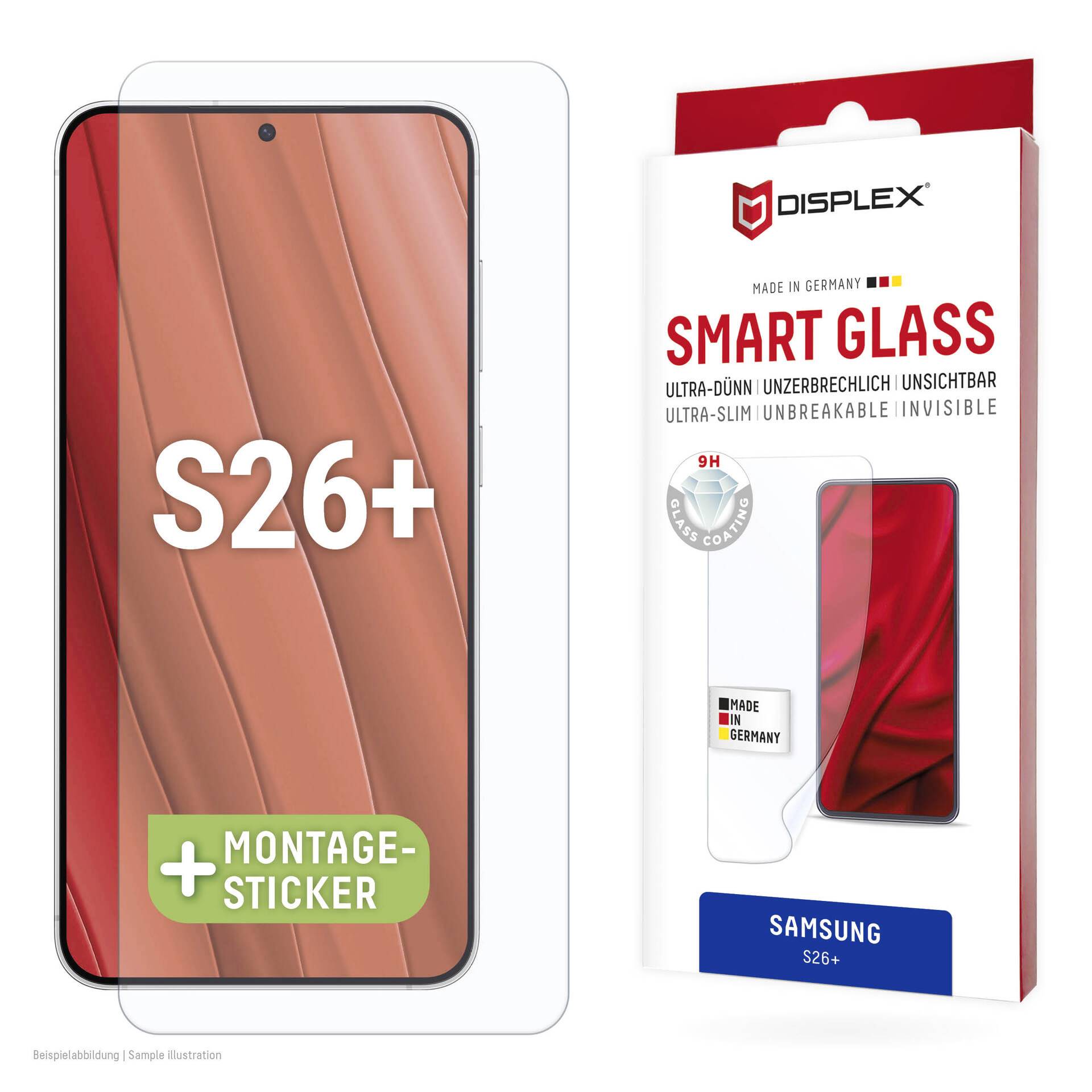 Produktový snímek ochranného skla Displex 'Smart Glass' pro Samsung S26+, na kterém je vidět telefon a balení s označením 'Vyrobeno v Německu' a tvrzením o ochraně '9H'.