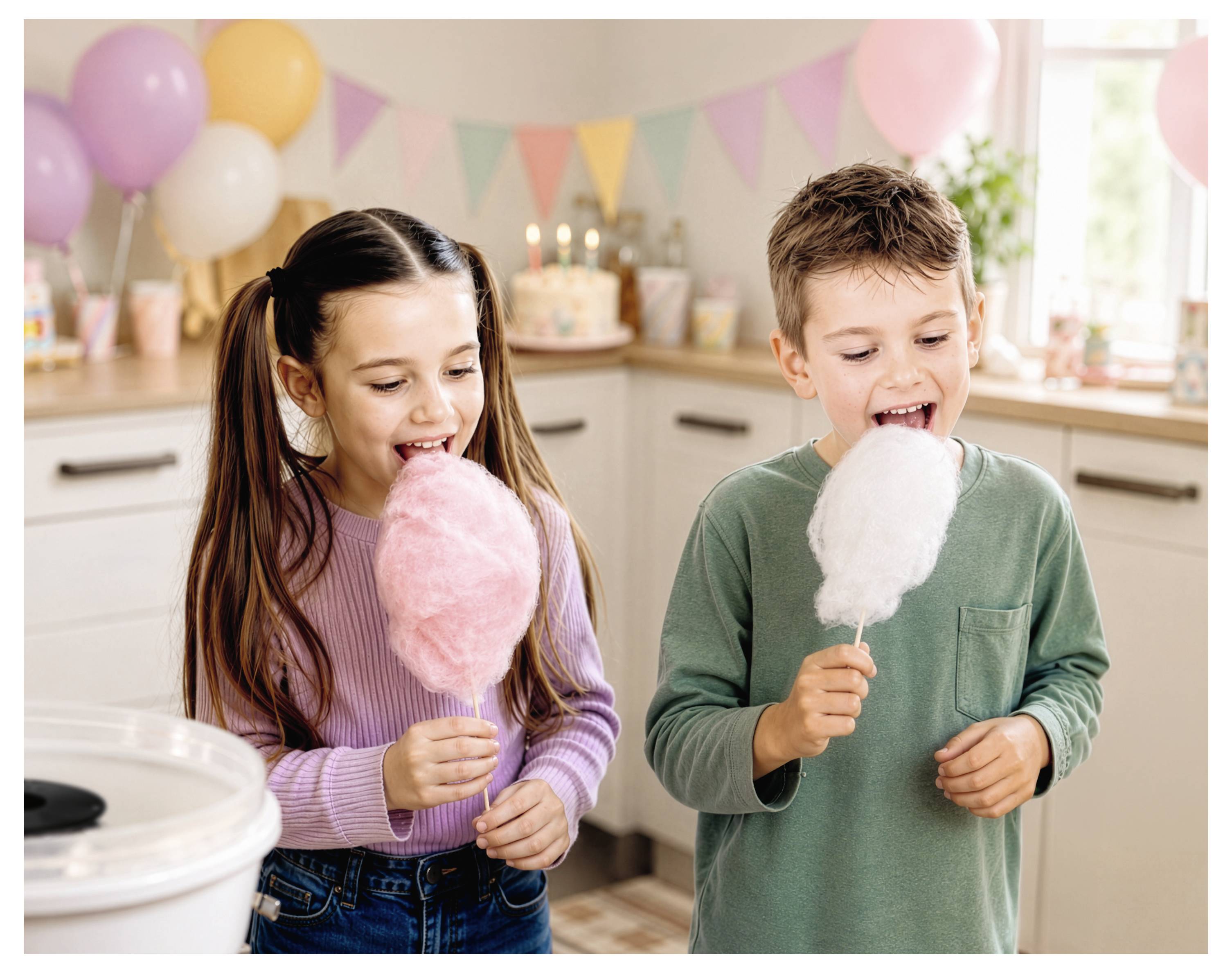 Dvě děti jedí růžovou a bílou cukrovou vatu na párty s balónky a vlaječkami v pozadí.