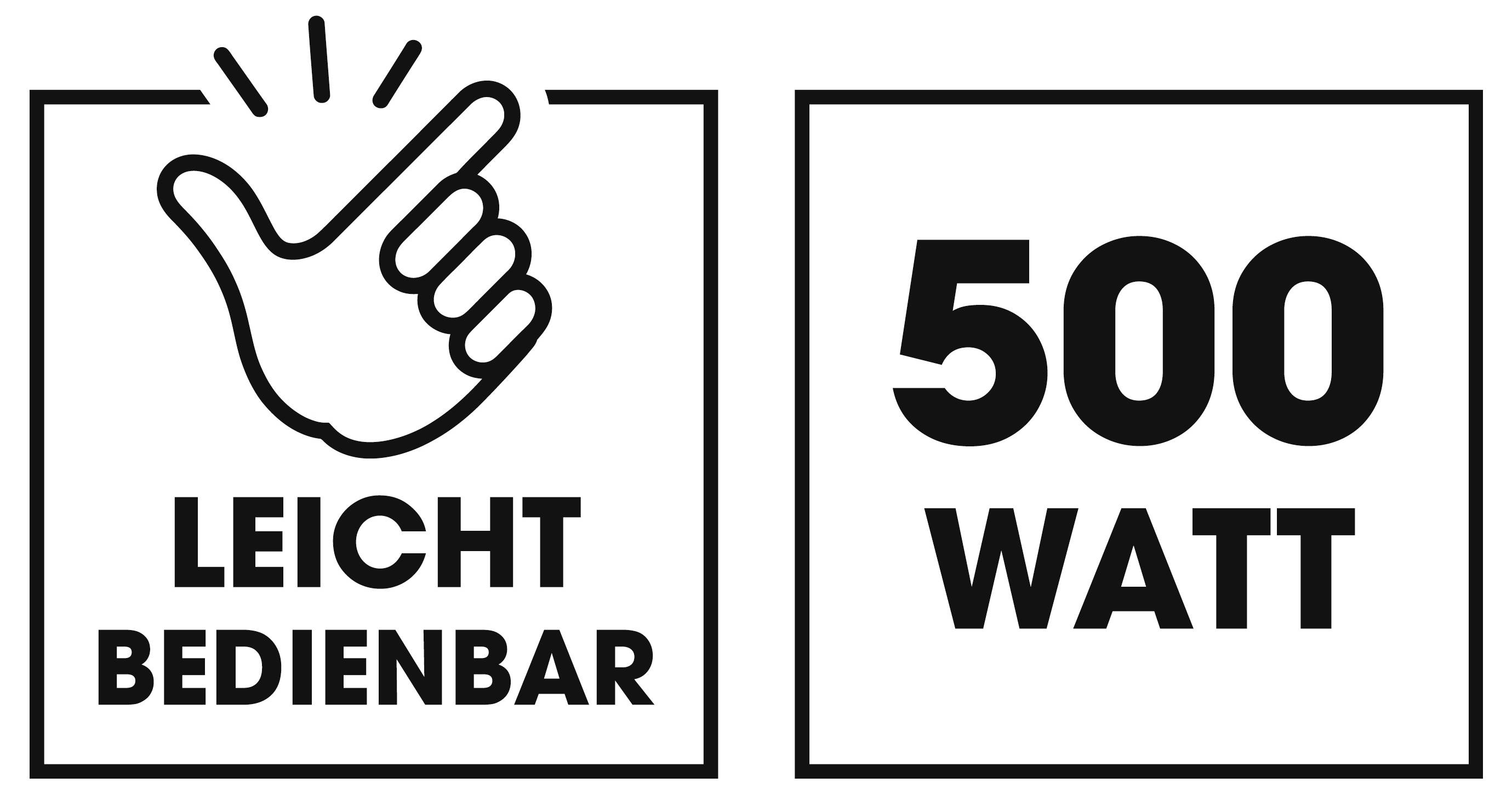 Symboly upozornění: vlevo popis kliknutí prstem s textem 'SNADNO OVLADATELNÉ', vpravo '500 WATT' v rámu.