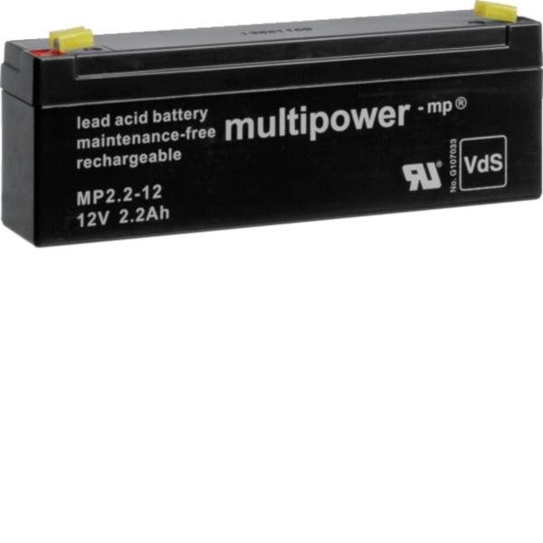 Černá nabíjecí olověná baterie označená 'multipower' MP2.2-12, 12V 2.2Ah.