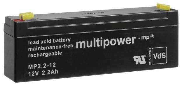 Černá nabíjecí olověná baterie značená „multipower - mp", 12V 2,2Ah, údržbě-prostá.
