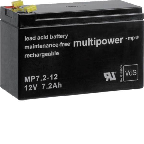 Černá utěsněná olověná akumulátor značky "multipower-mp" MP7.2-12, 12V 7.2Ah, se žlutými svorkami.
