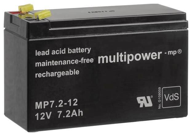 Černá 12V 7,2Ah bezúdržbová nabíjecí olověná baterie s označením „multipower mp" a „MP7.2-12".