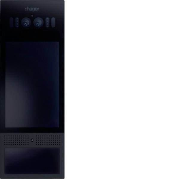 Nástěnný elektronický ovládací panel Black Hager s malými tlačítky a dvěma tmavými displeji.