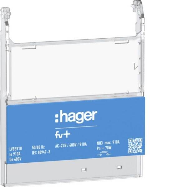 Elektrický jistič jednotky Blue Hager fv+ s označením LV8S910, 910A, 400V, s průhledným krytem a QR kódem.