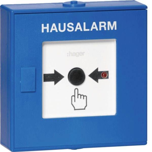 Modrá nástěnná pánika s označením "HAUSALARM" se středovým tlačítkem, šipkami na něj směřujícími a ikonou ruky ukazující, kam stisknout.