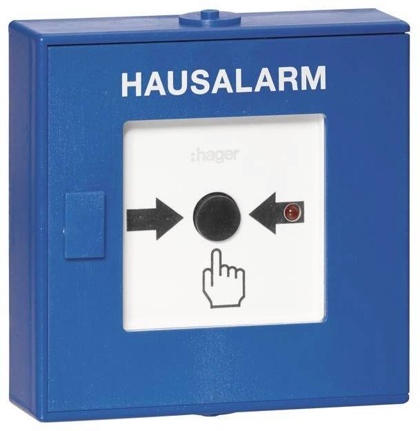 Modrý nástěnný tlačítko požárního poplachu s označením „HAUSALARM" se středovým tlačítkem a šipkami na něj ukazujícími, plus malou kontrolkou.