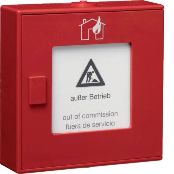 Červená skříňka hasičské bezpečnosti s výstražným znakem a textem "mimo provoz" a "out of commission", což znamená, že zařízení není v provozu.