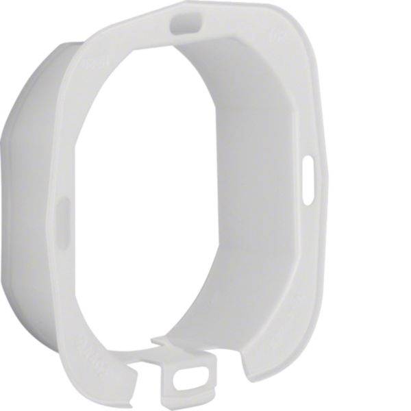 Bílý plastový ochranný rámeček nebo kryt s otevřeným středem a montážními jazýčky, znázorněný na prostém pozadí.