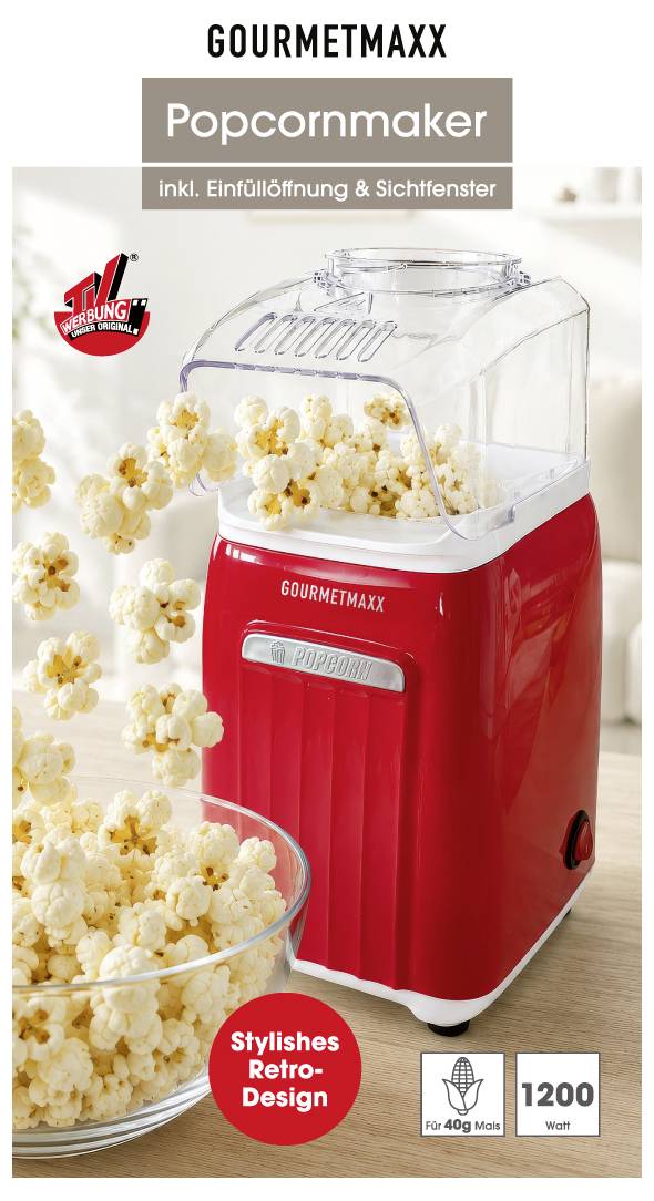 GOURMETMAXX Stroj na popcorn v červené barvě s průhledným víkem, stříká popcorn do mísky; se zásobovacím otvorem a okénkem pro kontrolu, 1200 wattů, retro design.