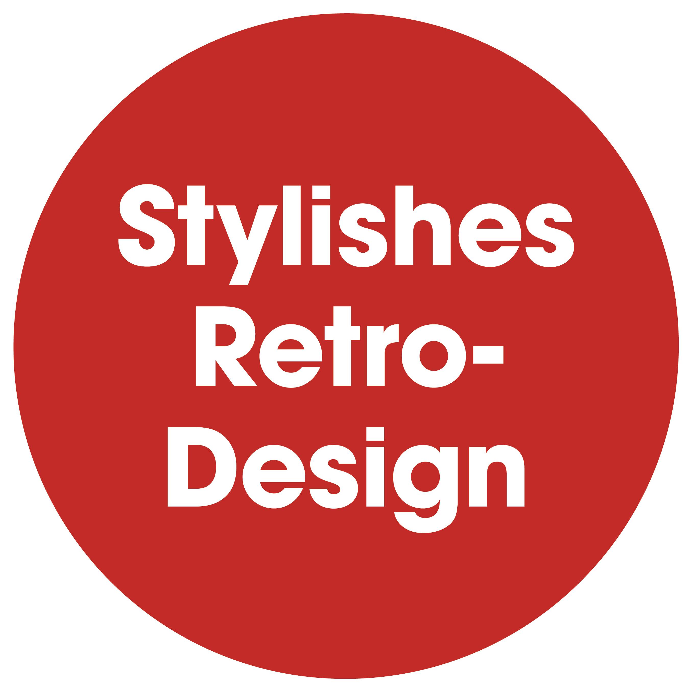 Červený kruh s bílým nápisem „Stylové retro designu" na třech řádcích.