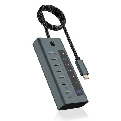 Přenosný USB-C rozbočovač s pletencovým kabelem, více porty a modrým digitálním displejem napájení zobrazujícím 15W.