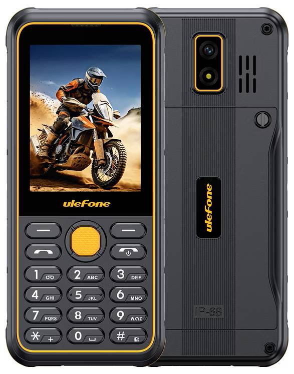Přední a zadní pohled na odolný telefon Ulefone s klávesnicí a obrázkem motocyklu na displeji, zobrazený v černé a oranžové barvě.