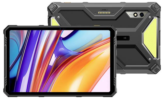 Odolný černý tablet zobrazen zepředu i zezadu, s barevným abstraktním zobrazením na přední straně a zadní fotoaparátem a porty viditelné na zadní straně.