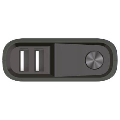 Minimalistická černá powerbanka se dvěma USB porty na levé straně a kulatým tlačítkem nebo indikátorem na pravé straně.