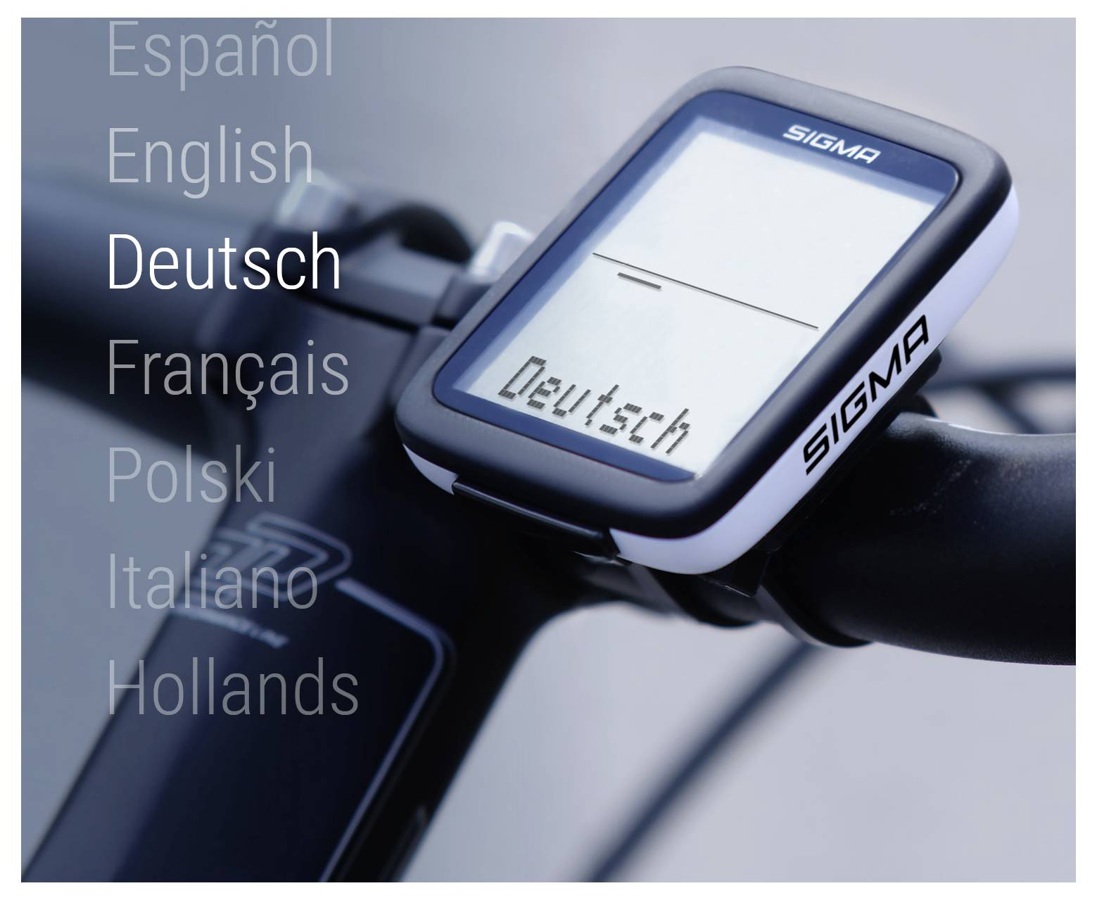 Počítač na kole na řídítku zobrazující menu pro výběr jazyka s vybranou volbou „Deutsch" mezi španělštinou, angličtinou, francouzštinou, polštinou, italštinou a nizozemštinou.