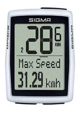 Displej počítače cyklisty Sigma ukazující aktuální rychlost 28,6 km/h a maximální rychlost 31,29 km/h.