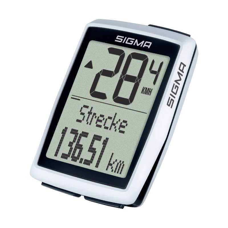 Displej počítače jízdního kola Sigma zobrazující rychlost 28,4 km/h, se vzdáleností „Strecke" 136,5 km.