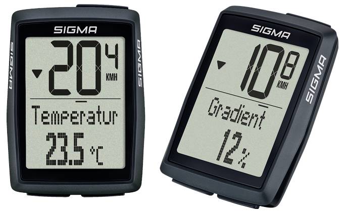 Dva počítače jízdního kola Sigma zobrazující 20,4 km/h s teplotou 23,5°C a 10,8 km/h se sklonem 12%.